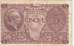 BANCONOTA ITALIA REGNO L.5 BIGLIETTO DI STATO 1944 VF  (B_376 - Italië– 5 Lire