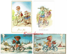 Lot 4 X CPA Illustree Fiets Bicycle Bicyclette Bicicleta Bicicletta Kind Enfant Child Hond Dog Chien Illustrateur - Contemporain (à Partir De 1950)