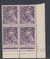 France Préoblitéré N° 81 XX Type Mercure  40 C. Violet En Bloc De 4 Coin Daté Du 3 . 2 . 42 ;  Sans Charnière, TB - Vorausentwertungen