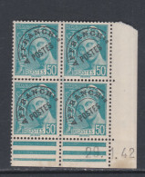 France Préoblitéré N° 82 XX Type Mercure  50 C. Turquoise En Bloc De 4 Coin Daté Du 20 . 1 . 42 ; Ss Charnière, TB - Prematasellados