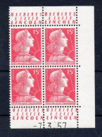 !!! 15 F MARIANNE DE MULLER BLOC DE 4 AVEC PUBS MACHINES A LAVER LINCOLN ET COIN DATE NEUF ** - 1950-1959