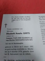 Doodsprentje Elisabeth Amelia Geets / Hever 5/3/1892 Mechelen 8/10/1976 ( Joannes Van Der Marken / Hec. Winnepenninckx ) - Religion & Esotérisme