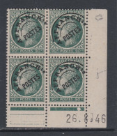 France Préoblitéré N° 89 XX  Type Mazelin  90 C. En Bloc De 4 Coin Daté Du 26 . 8 . 46 ;  1 Pt Blanc,  Ss Charn., TB - Precancels