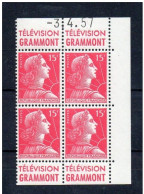 !!! 15 F MARIANNE DE MULLER BLOC DE 4 AVEC PUBS TELEVISION GRAMMONT ET COIN DATE NEUF ** - 1950-1959