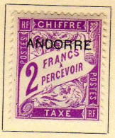 Andorre Francaise  -(1931-32) - Timbre-Taxe   2 F.  . Neuf*   - MH - Unused Stamps