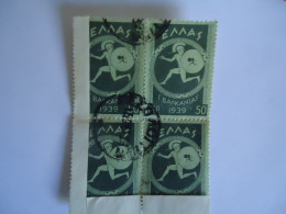 GREECE USED STAMPS  1939 BALCAN GAMES BLOCK OF 4 POSTMARK  ΜΕΣΟΛΟΓΓΙΟΝ - Gebruikt