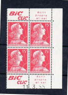 !!! 15 F MARIANNE DE MULLER BLOC DE 4 AVEC PUBS BIC CLIC ET COIN DATE NEUF ** - Unused Stamps