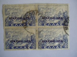 GREECE USED STAMPS 1944 OVERPRINT    BLOCK OF 4 POSTMARK  ΜΕΣΟΛΟΓΓΙΟΝ - Gebraucht