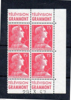 !!! 15 F MARIANNE DE MULLER BLOC DE 4 AVEC PUBS TELEVISION GRAMMONT ET COIN DATE NEUF ** - 1950-1959