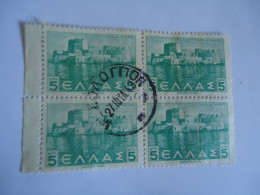GREECE USED STAMPS 1937 ΤΟΠΙΑ   BLOCK OF 4 POSTMARK  ΜΕΣΟΛΟΓΓΙΟΝ - Used Stamps