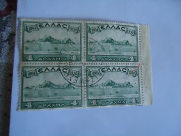 GREECE USED STAMPS 1937 IONIAN UNION  BLOCK OF 4 POSTMARK  ΜΕΣΟΛΟΓΓΙΟΝ ΣΥΣΤΗΜΕΝΑ 4 DR - Usati