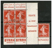 !!! 30 C SEMEUSE : BLOC DE 5 AVEC PUBS BYRRH - POSTE OBLITERE - Used Stamps