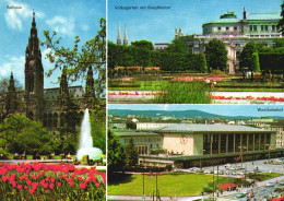 VIENNA, MULTIPLE VIEWS, ARCHITECTURE, TOWER WITH CLOCK, FOUNTAIN, PARK, CARS, TRAM, AUSTRIA, POSTCARD - Wien Mitte