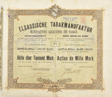 Német Birodalom / Strassbourg 1890. "Elzászi Dohánymanufaktúra Részvénytársaság" Részvénye 1000M-ról Felülbélyegzekkel T - Unclassified