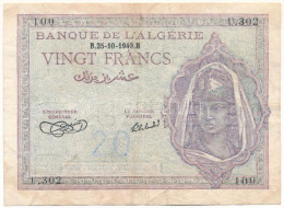 Algéria / Szövetséges Megszállás 1943. 20Fr T:F  Algeria / Allied Occupation 1943. 20 Francs C:F  Krause 92.a - Unclassified