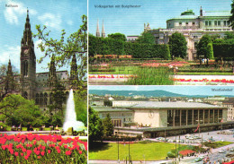 VIENNA, MULTIPLE VIEWS, ARCHITECTURE, TOWER WITH CLOCK, FOUNTAIN, PARK, CARS, TRAM, AUSTRIA, POSTCARD - Wien Mitte