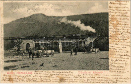 T2/T3 1901 Abos, Obisovce; Hernád Vasúti Híd, Gőzmozdony, Faszállító Lovaskocsik, Vonat / Railway Bridge Over Hornád Riv - Unclassified