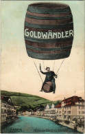 T2 1925 Baden, Goldwändler, Hotel Und Bäder A.d. Limmat. X. Höchli-Frey / Drunk Man In Hot Air Balloon With Wine Barrels - Ohne Zuordnung