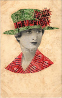 * T3 Bélyegekből Kivágott és összeragasztott Képeslap Kalapos Hölggyel / Stampcard With Lady In Hat. Made Out Of Stamps  - Ohne Zuordnung