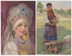 ** 4 Db Régi Orosz Népviseletes Művész Képeslap / 4 Pre-1945 Russian Folklore Art Postcards - Sin Clasificación