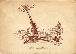 T3 1943 Első ágyúlövés. Katonai Humor Képeslap / WWII Hungarian Military Humour Art Postcard S: Molnár Gábor (EK) - Zonder Classificatie