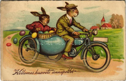 * T2/T3 1932 Kellemes Húsvéti ünnepeket / Easter Greeting Art Postcard With Rabbits, Motorcycle With Sidecar And Eggs (R - Sin Clasificación