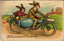 * T2/T3 1932 Kellemes Húsvéti ünnepeket / Easter Greeting Art Postcard With Rabbits, Motorcycle With Sidecar And Eggs (R - Ohne Zuordnung