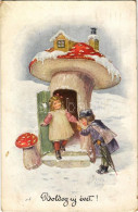 T2/T3 1937 Boldog Újévet / New Year Greeting Art Postcard With Mushroom House. B.K.W.I. 3137-4. S: J. Kränzle (kis Szaka - Ohne Zuordnung