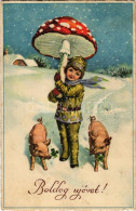 T2/T3 1931 Boldog Újévet / New Year Greeting Art Postcard With Pigs, Mushroom And Clovers (fl) - Sin Clasificación