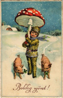 T2/T3 1931 Boldog Újévet / New Year Greeting Art Postcard With Pigs, Mushroom And Clovers (fl) - Ohne Zuordnung