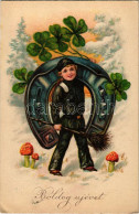 T2/T3 Boldog Újévet / New Year Greeting Art Postcard With Chimney Sweeper, Horseshoe, Mushroom And Clovers (EK) - Unclassified