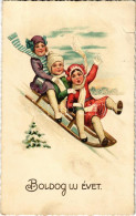 * T3 1923 Boldog Újévet / New Year Greeting Art Postcard With Sled, Winter Sport (Rb) - Ohne Zuordnung