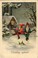 T3 Boldog Újévet / New Year Greeting Art Postcard With Dwarves (EB) - Unclassified