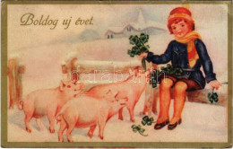 T2/T3 Boldog Újévet / New Year Greeting Art Postcard With Pigs And Clovers (EK) - Unclassified