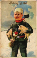 * T3 Boldog új évet! Kéményseprő Malackákkal / New Year Greeting, Chimney Sweeper With Pigs (fa) - Ohne Zuordnung