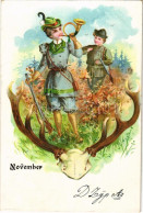 T2/T3 November / Hunter Lady With Horn And Rifle. Litho (EK) - Ohne Zuordnung