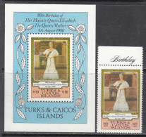 1980 Turks & Caicos Queen Mother Royalty Complete Set Of 1 + Souvenir Sheet  MNH - Turks And Caicos