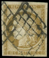 O FRANCE - Poste - 1b, Obl Grille, Signé Calves: 10c. Bistre-verdâtre - 1849-1850 Ceres