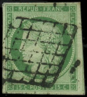 O FRANCE - Poste - 2, Oblitération Grille, Signé Calves, Tb: 5c. Vert - 1849-1850 Ceres