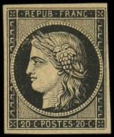 * FRANCE - Poste - 3, Signé Bühler, Léger Pli Au Dos: 20c. Noir Sur Jaune - 1849-1850 Cérès