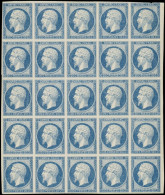 ESS FRANCE - Poste - 14A, Type I, Essai En Bleu, Impression Défectueuse, Bloc De 25 Dont 5 Ex Défectueux: 20c. Empire - 1853-1860 Napoleon III