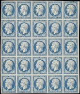 ESS FRANCE - Poste - 14A, Type I, Essai En Bleu, Impression Défectueuse, Bloc De 25 Dont 5 Ex Défectueux: 20c. Empire - 1853-1860 Napoléon III.