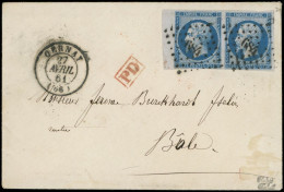 LET FRANCE - Poste - 14Bb, Type II, Paire Bdf Obl PC 684 Sur Lettre, Cad T15 Gernay 27/4/61 Pour Bâle, Signé Calves, Cer - 1849-1876: Klassieke Periode