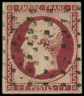 O FRANCE - Poste - 18, Obl. Gros Points Carrés, Signé Brun + Certificat Roumet, Belles Marges: 1f. Carmin - 1853-1860 Napoleone III