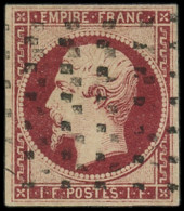 O FRANCE - Poste - 18, Obl. Gros Points Carrés, Signé Brun + Certificat Roumet, Belles Marges: 1f. Carmin - 1853-1860 Napoleon III