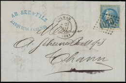 LET FRANCE - Poste - 29B, Type II, Pub "SEE & FILS", Au Verso Obl GC 1076, Sur Lettre Cad  T17 Colmar 27/5/70: 20c. Bleu - 1849-1876: Période Classique