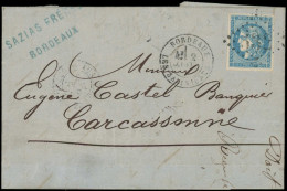 LET FRANCE - Poste - 45B, Type II Report 2, Obl GC 532 Sur Lettre, Cad T17 Bordeaux 2/1/71: 20c. Bleu - 1849-1876: Période Classique