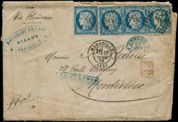 LET FRANCE - Poste - 60A (x4), Lettre Du 18/4/74 Pour L'Uruguay Via Bordeaux, Taxée "10 Centimos" (2 Exemplaires Dents C - 1849-1876: Période Classique