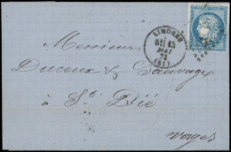 LET FRANCE - Poste - 60A, Type I, Grande Cassure (case 150), Obl GC Sur Lettre, Cad T Limoges 13/5/71: 25c. Bleu - 1849-1876: Période Classique