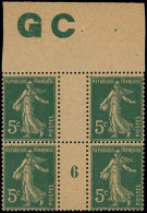 ** FRANCE - Poste - 137, Bloc De 4, Millésime "6" Avec Manchette GC (* Sur Bdf): 5c. Vert Foncé - Unused Stamps